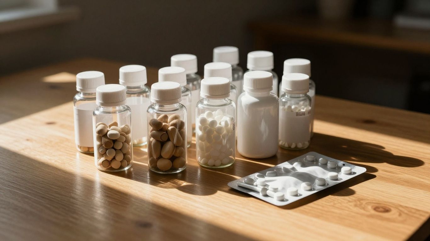 A clean assortment of wellness supplement bottles