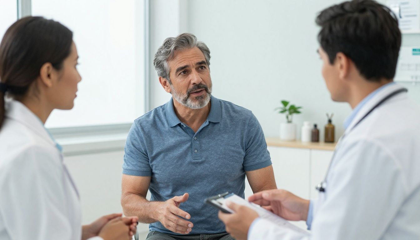 A realistic premium men’s health scene with a diverse male patient in his 40s speaking with a professional provider in an upscale clinic, with subtle lab and wellness details in the background, conveying informed TRT evaluation, vitality, confidence, and long-term health; no logos, no text, no distorted hands.