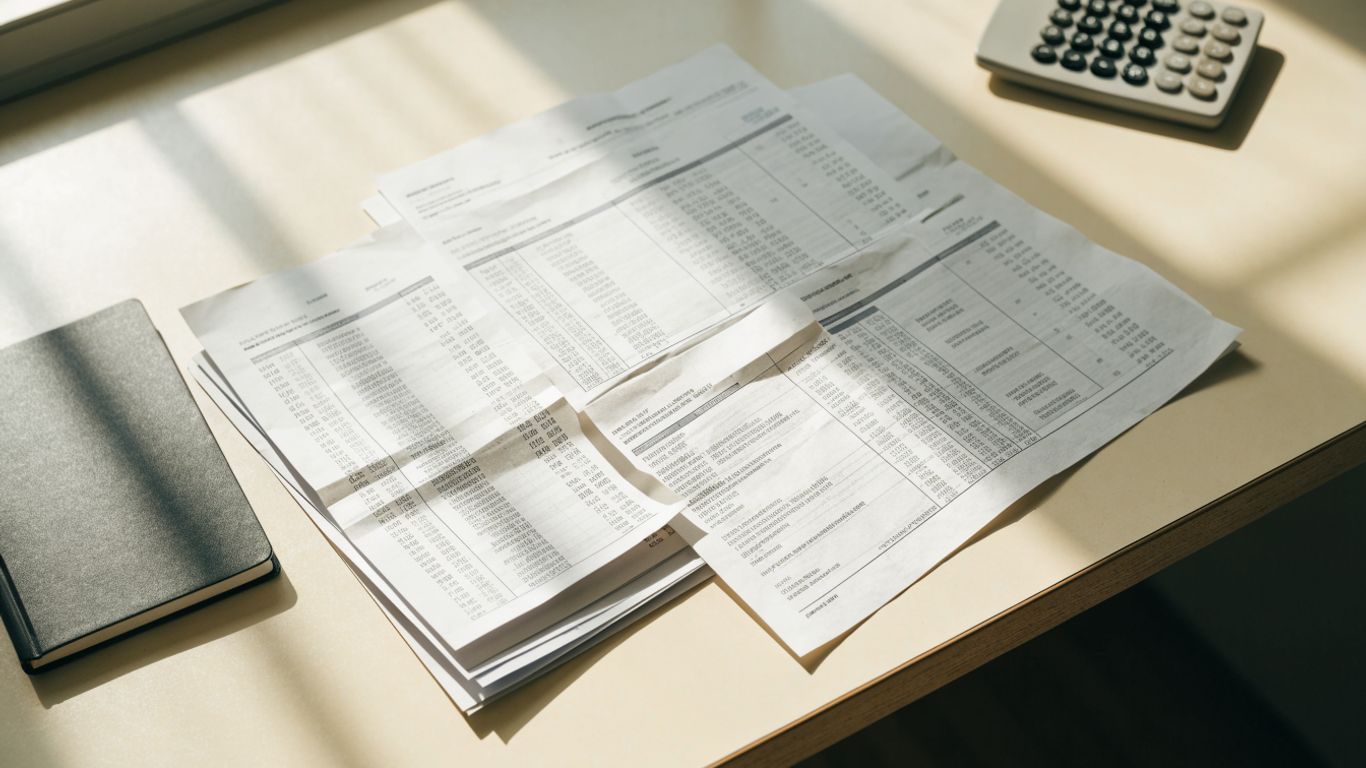 A desk with varied bank statement pages