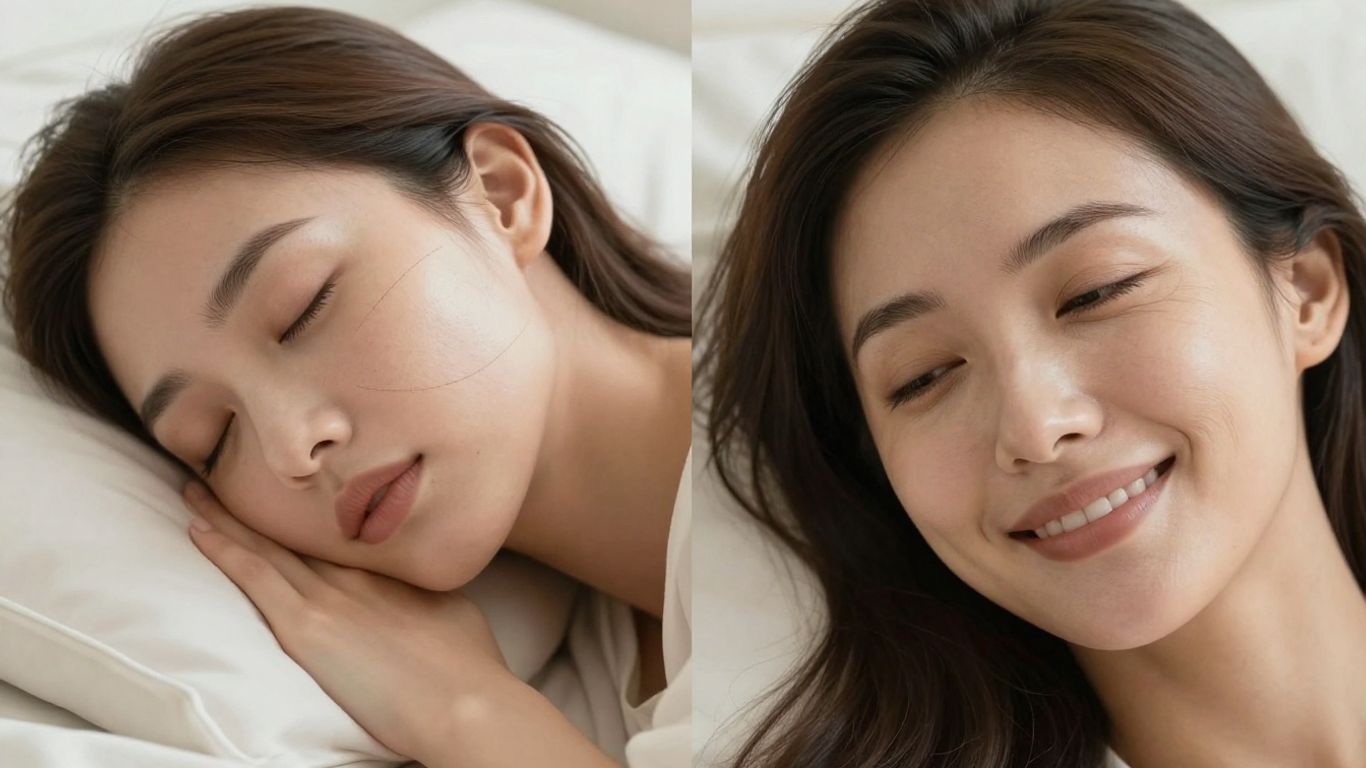 Woman sleeping vs. woman smiling, showing different facial lines.