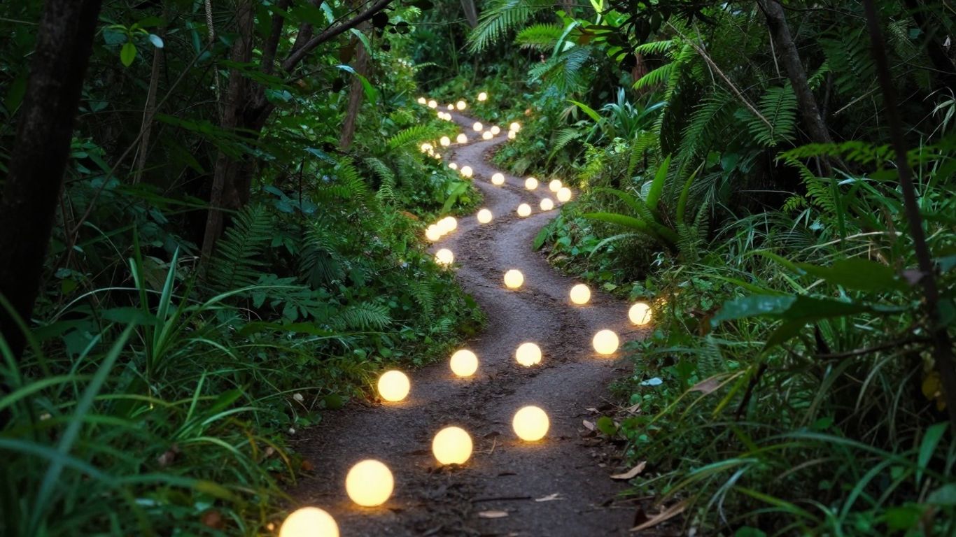 Abstract path with glowing orbs, symbolizing lead nurturing.