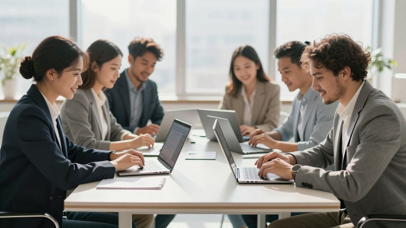Professionnels travaillant ensemble sur des logiciels de facturation et comptabilité.