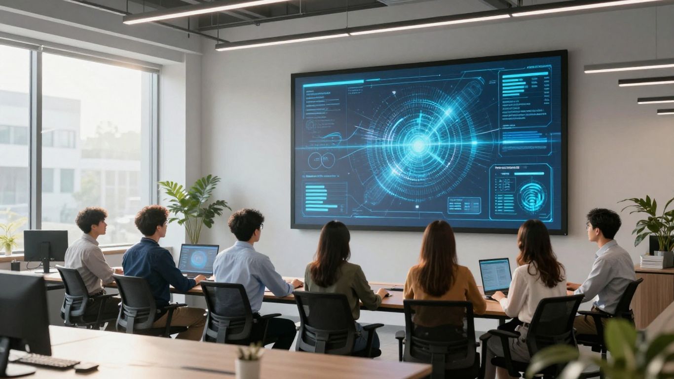 Team collaborating with holographic AI data visualization in modern office.