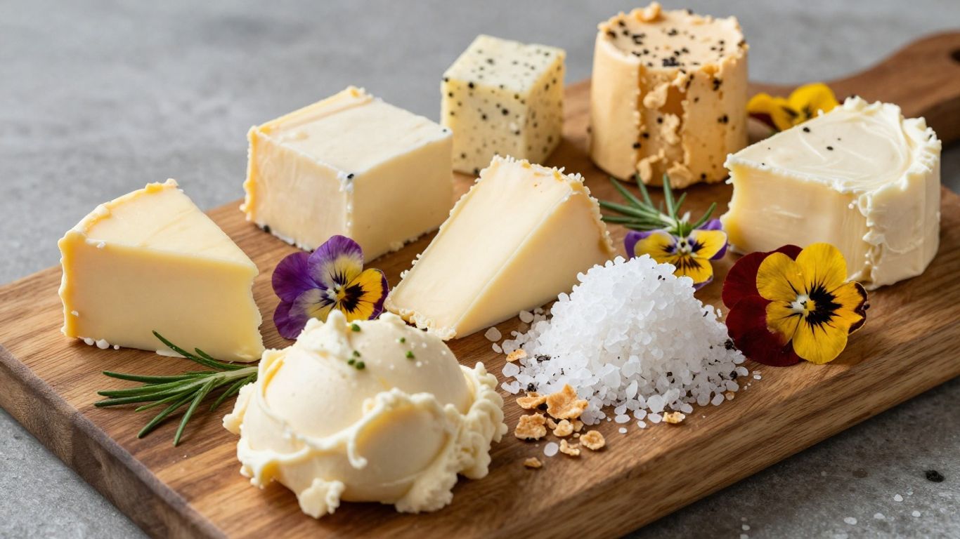 Artisanal butter board with colorful toppings and herbs.