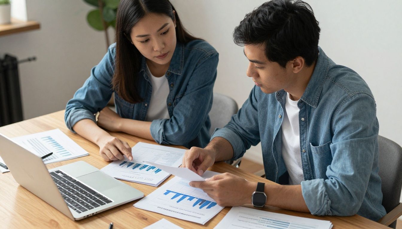 Couple at desk planning finances with papers and laptop.
