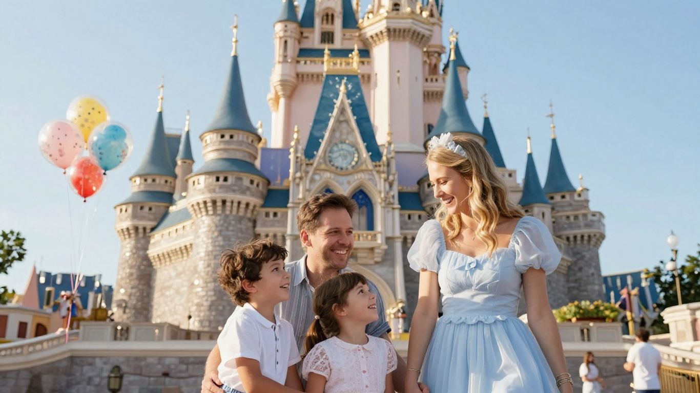 Family at Disney World with Cinderella Castle.