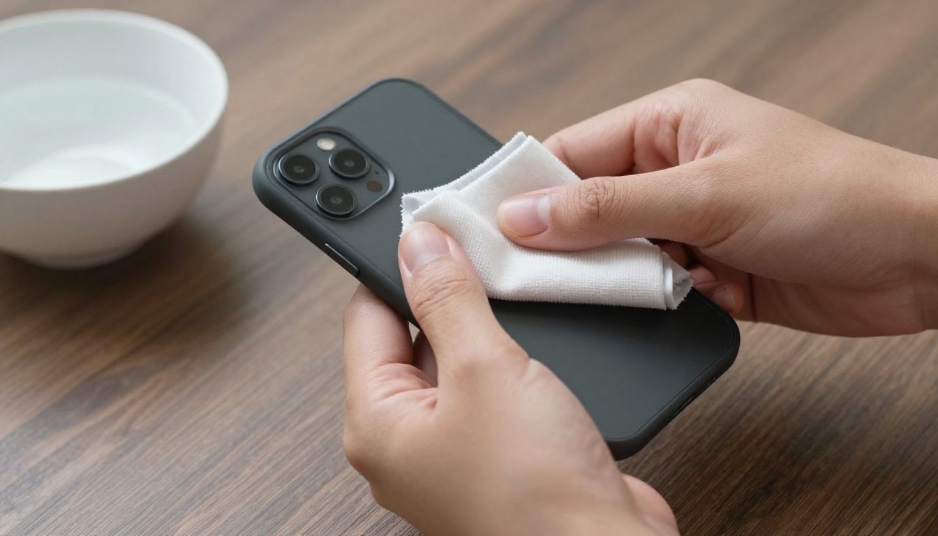 A person's hands carefully wiping a simple, dark-coloured smartphone case with a microfibre cloth next to a small bowl of water.