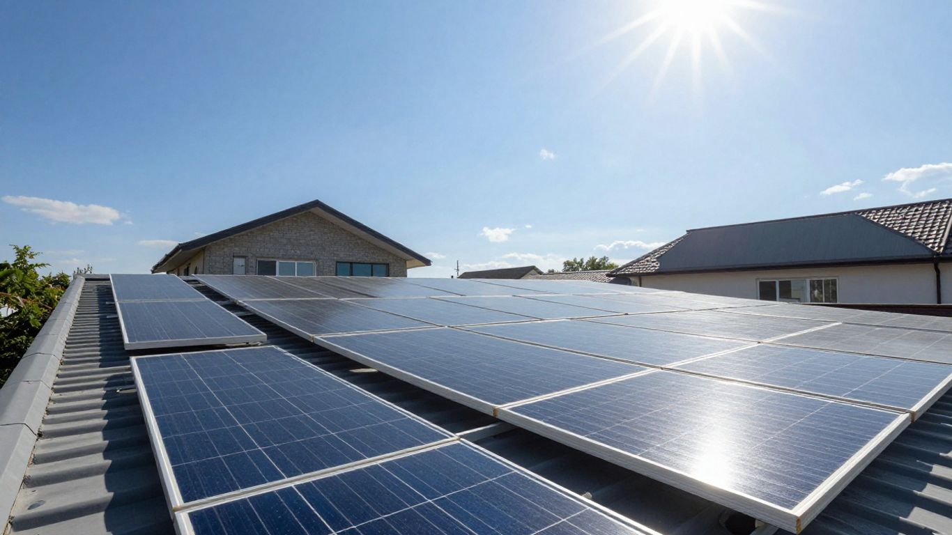 Panneaux solaires sur un toit avec le soleil.