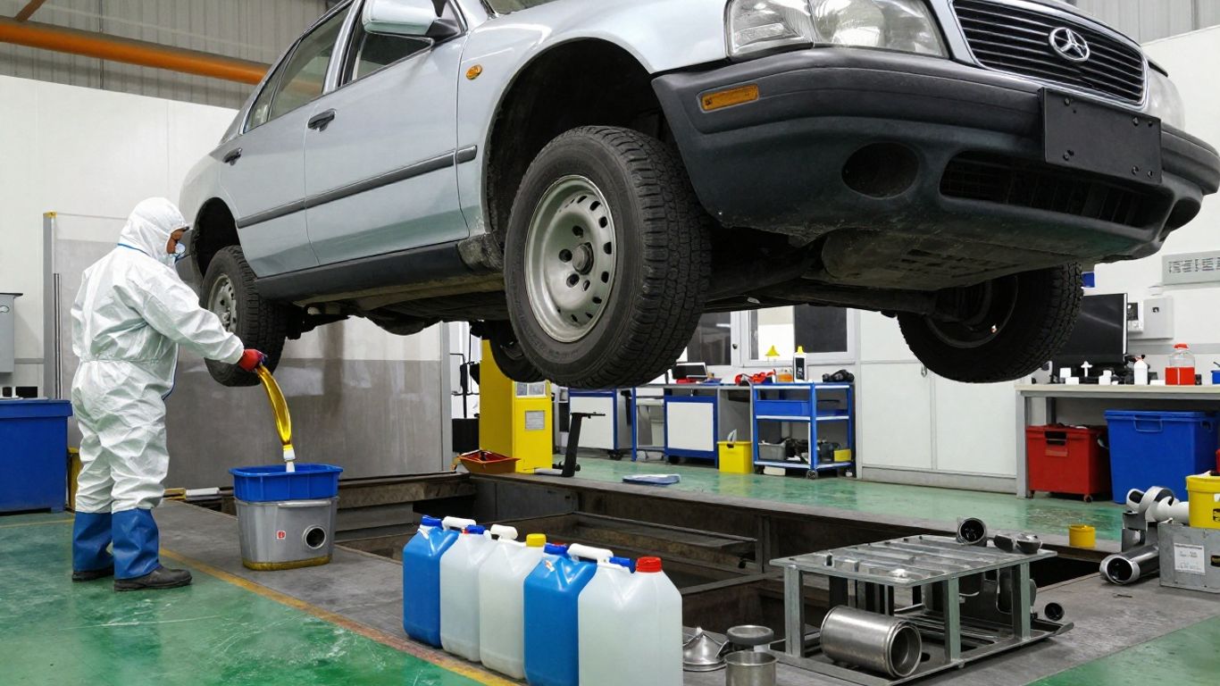 Technician draining fluids from an old car