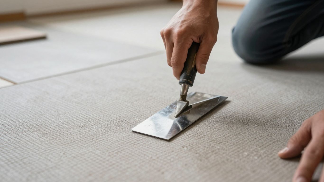 Tradesperson smoothing subfloor with a trowel.