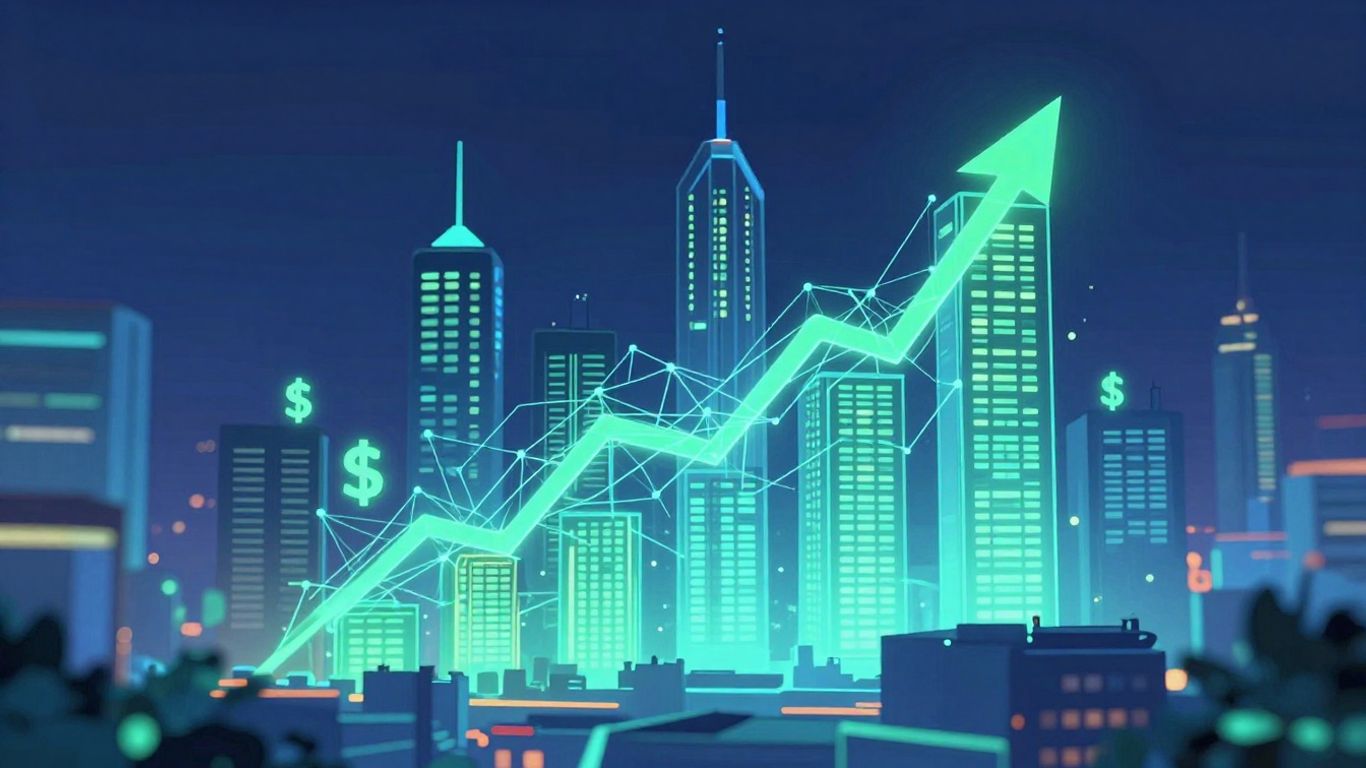 Futuristic blockchain cityscape with digital currency symbols.