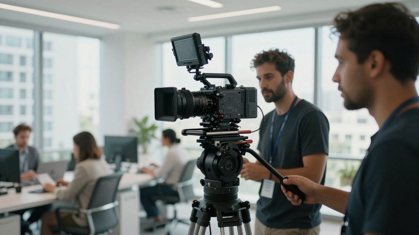 A cinematographer filming a corporate brand video on-site