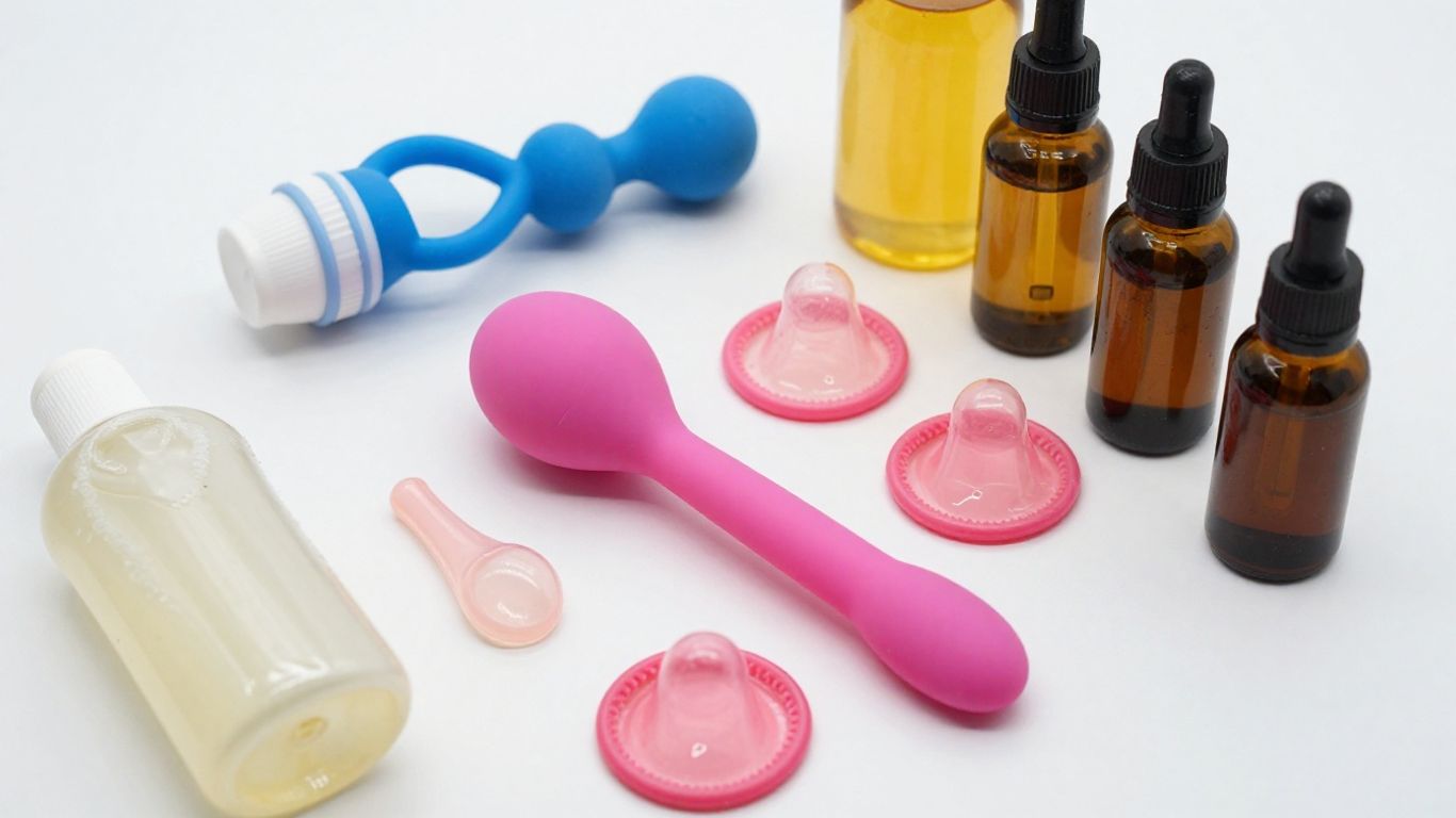 Bathroom products and sweet ingredients beside latex condoms
