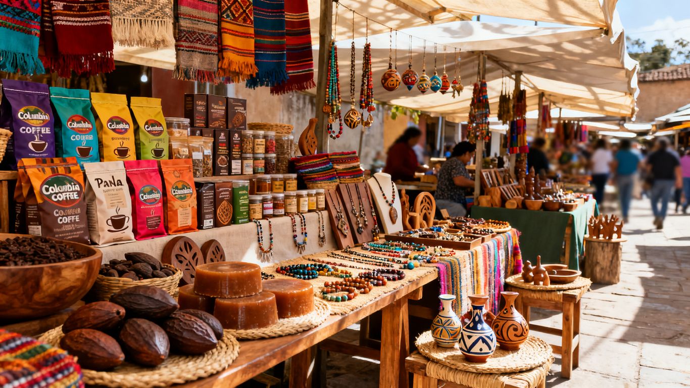 Colorful Colombian market foods and handmade crafts