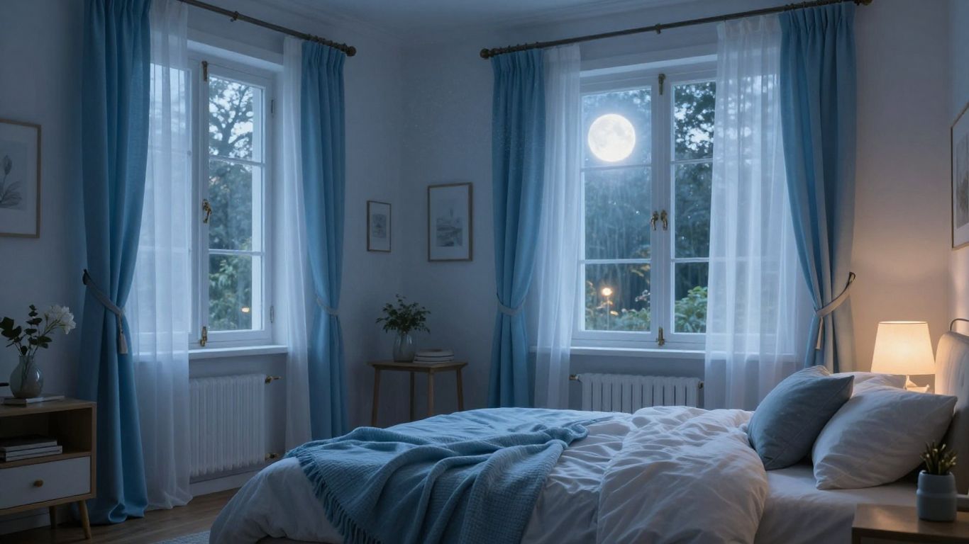 Salon frais avec rideaux légers et textiles clairs la nuit.