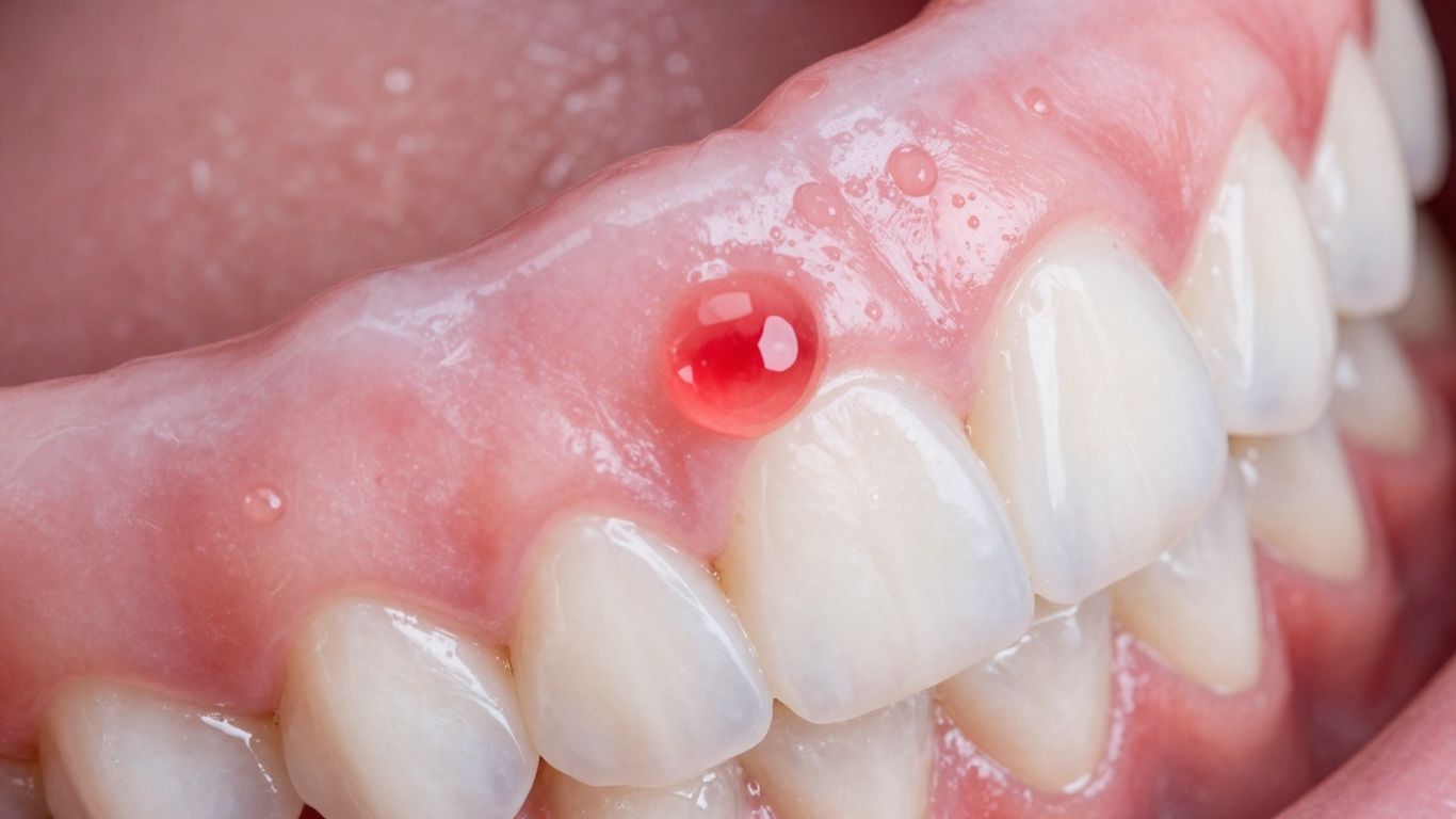 Close-up of healthy gums with a single drop of blood.