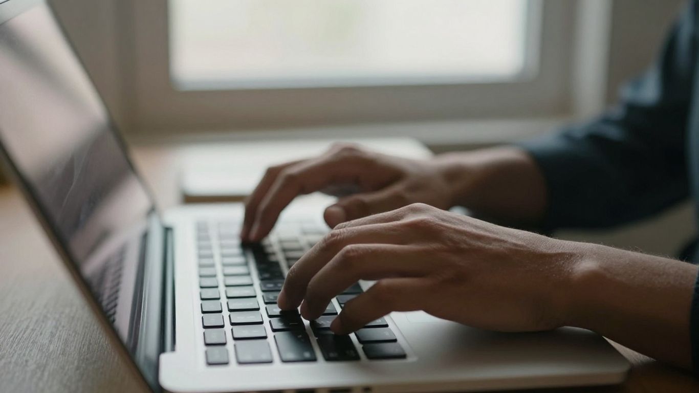Hands typing on a laptop keyboard for SEO keyword research.