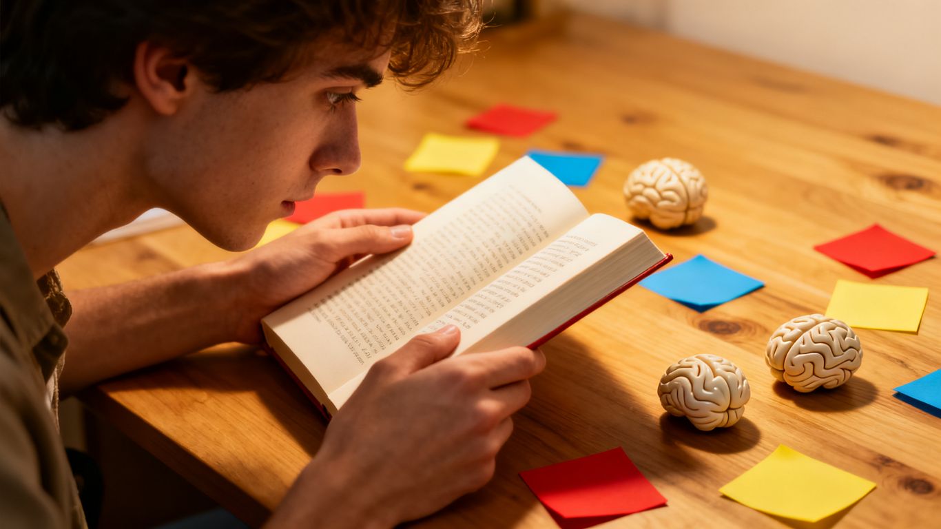 Person reading book surrounded by brain-shaped objects