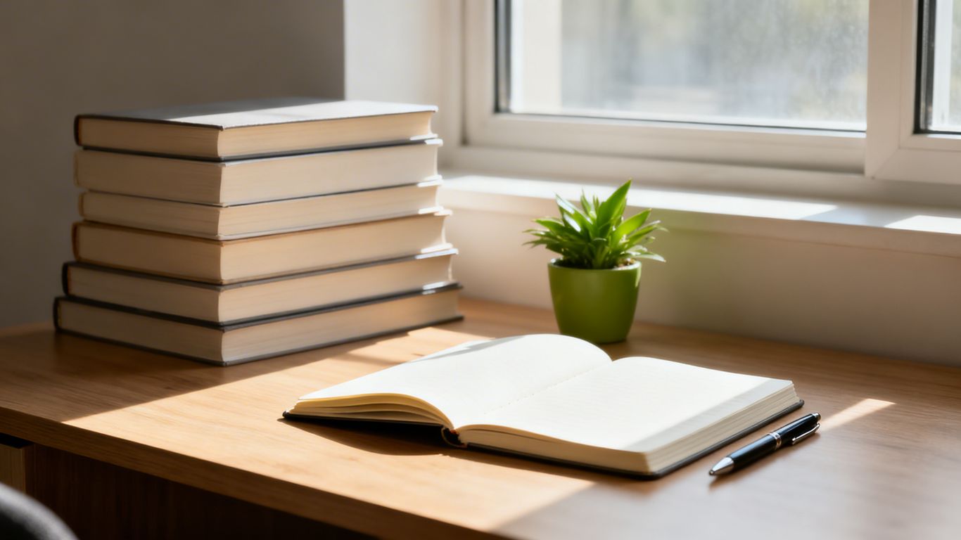 Minimalist desk with books and a plant.