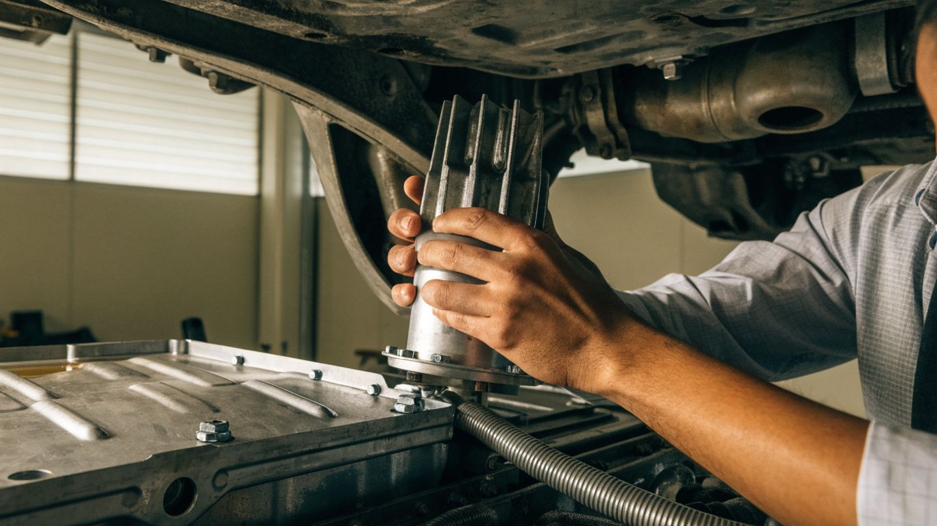 Technician inspecting transmission components and fluid pan