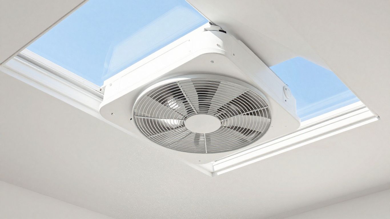 Whole home fan installed in a bright attic.
