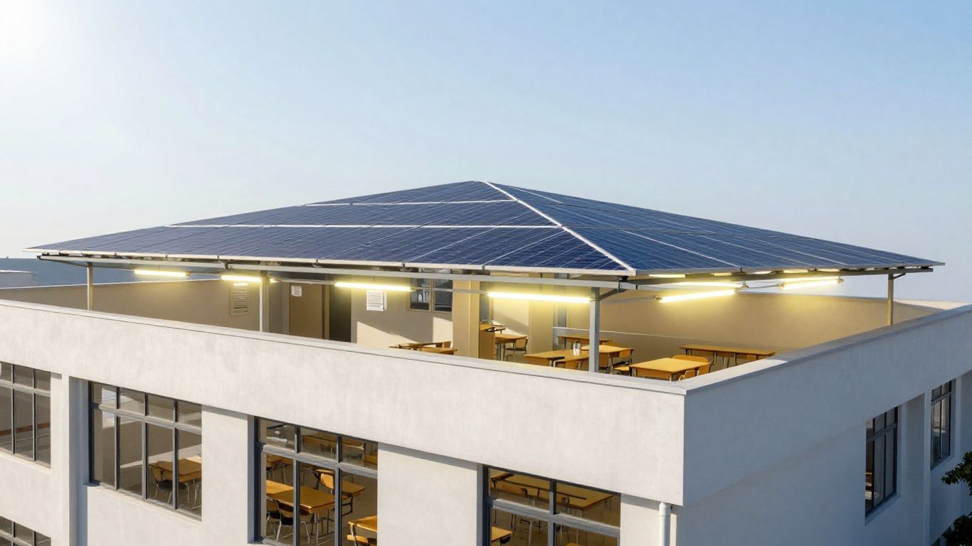 School building with solar panels and bright interior lights.