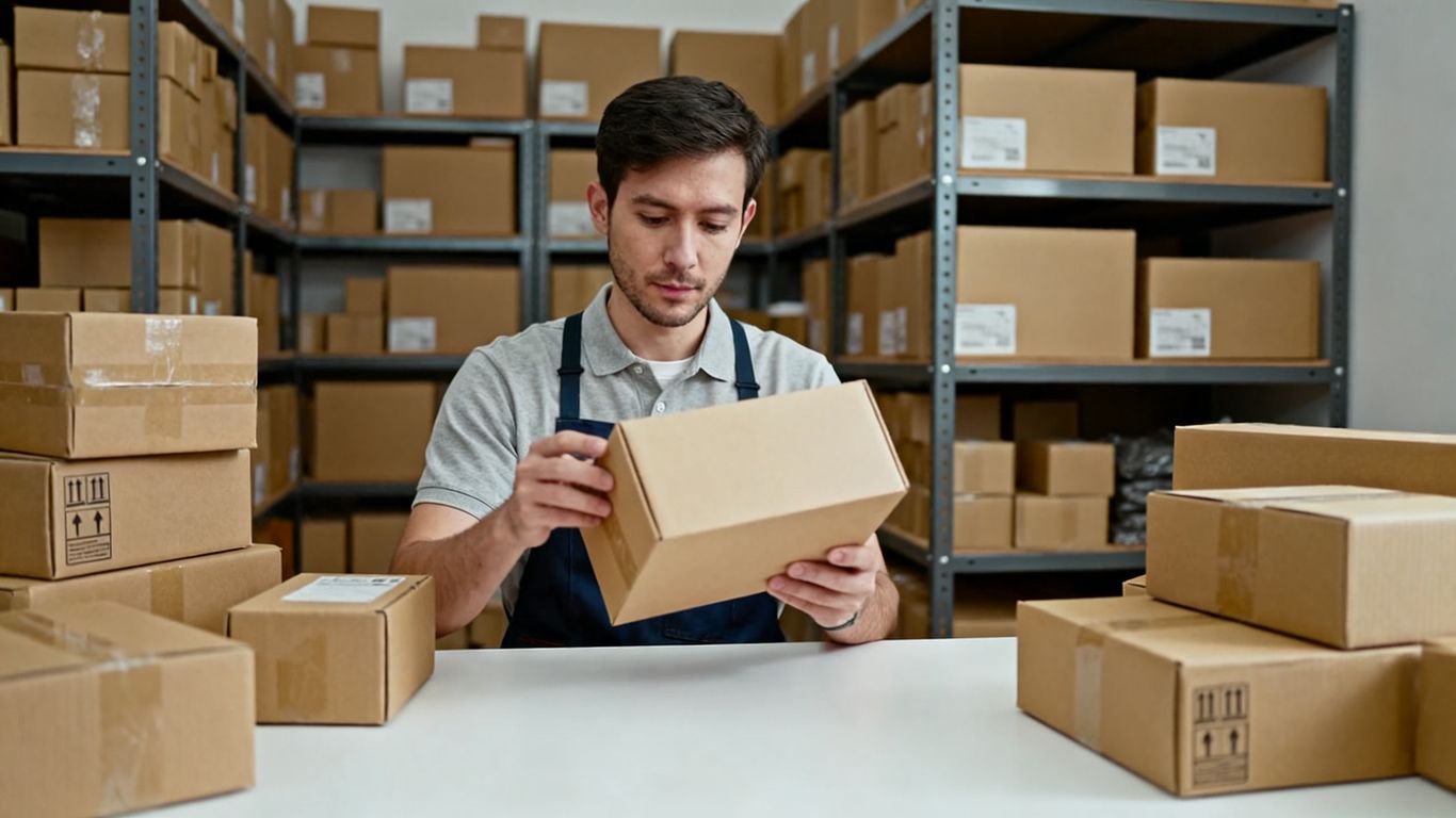 Orders packed for shipment beside organized inventory