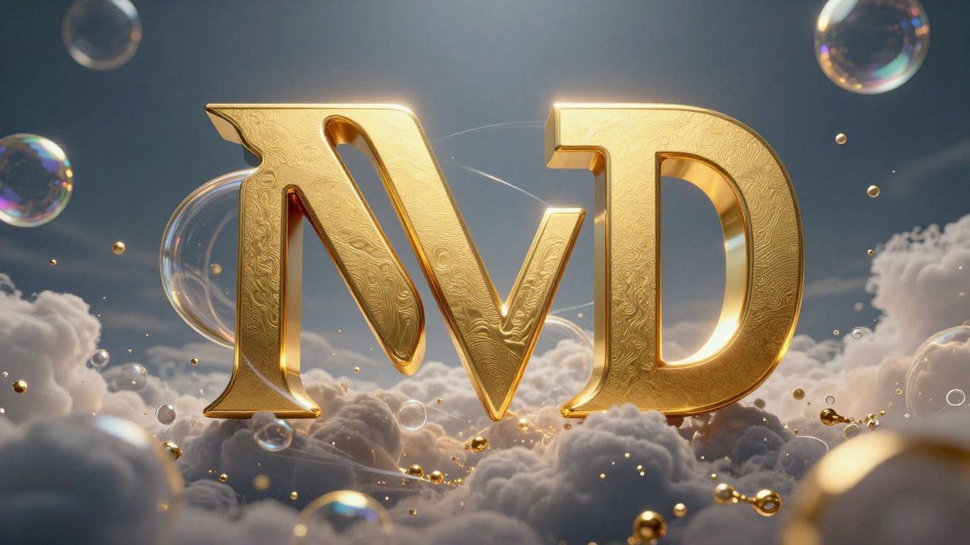 Gigantyczne logo NVIDIA, bańki spekulacyjne, wzrost i kruchość.