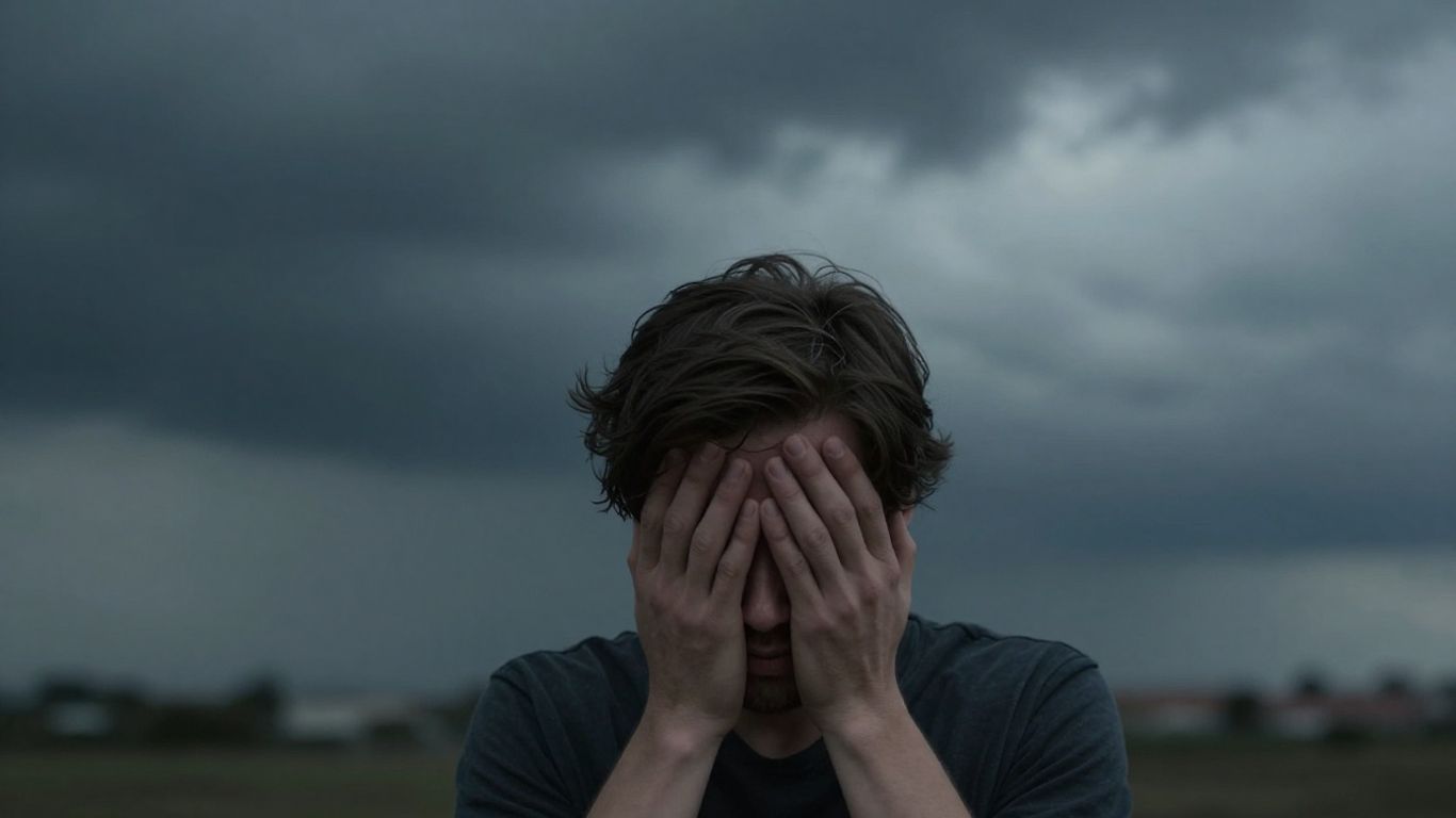 Pessoa estressada sob nuvem escura, expressando preocupação e fadiga.