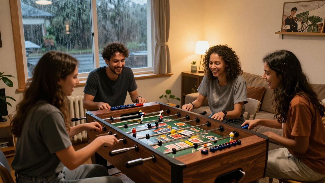 People playing board games indoors on a rainy day.