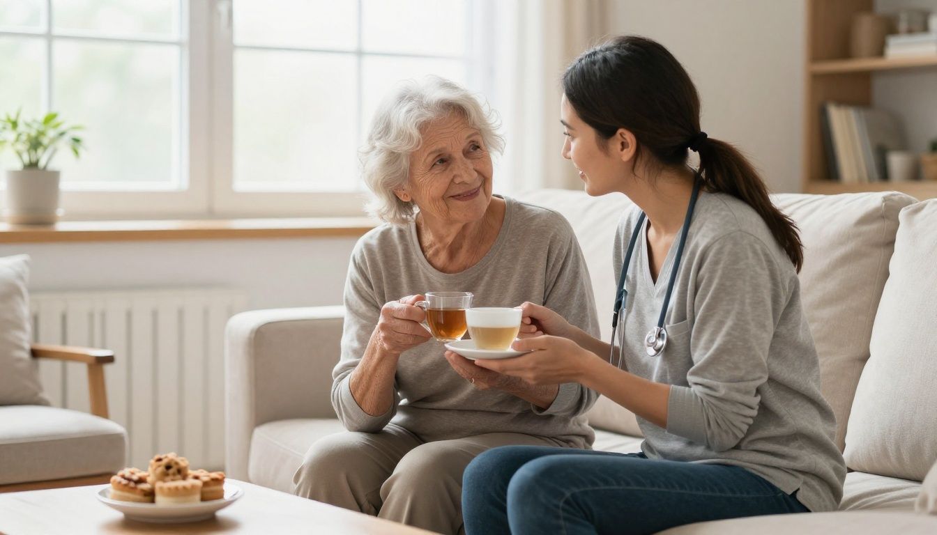 A compassionate home care aide sits with an elderly woman in her sunlit living room, sharing a warm and friendly conversation over a cup of tea.