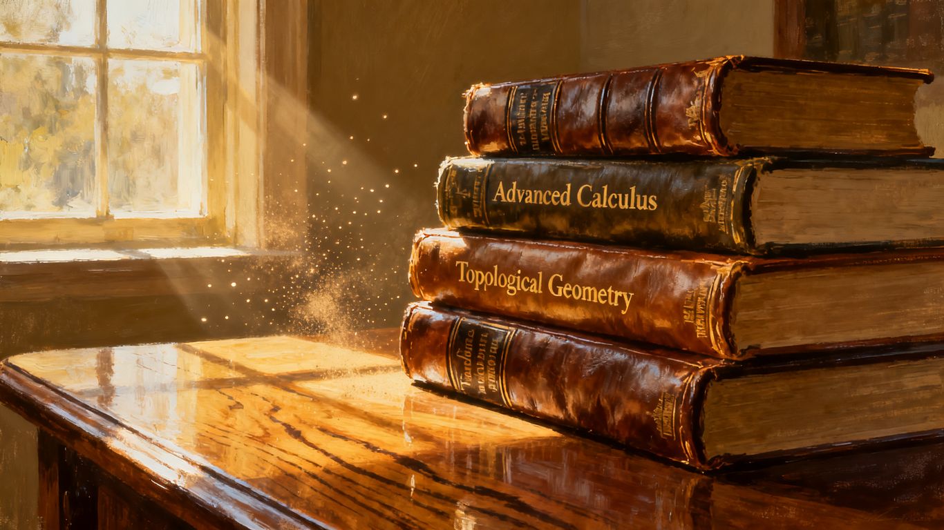 Stack of old books on a wooden table.