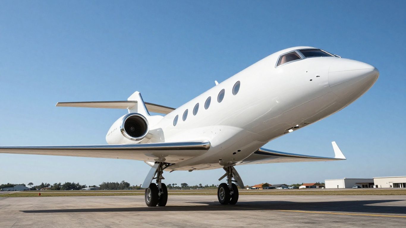 Private jet flying over landscape