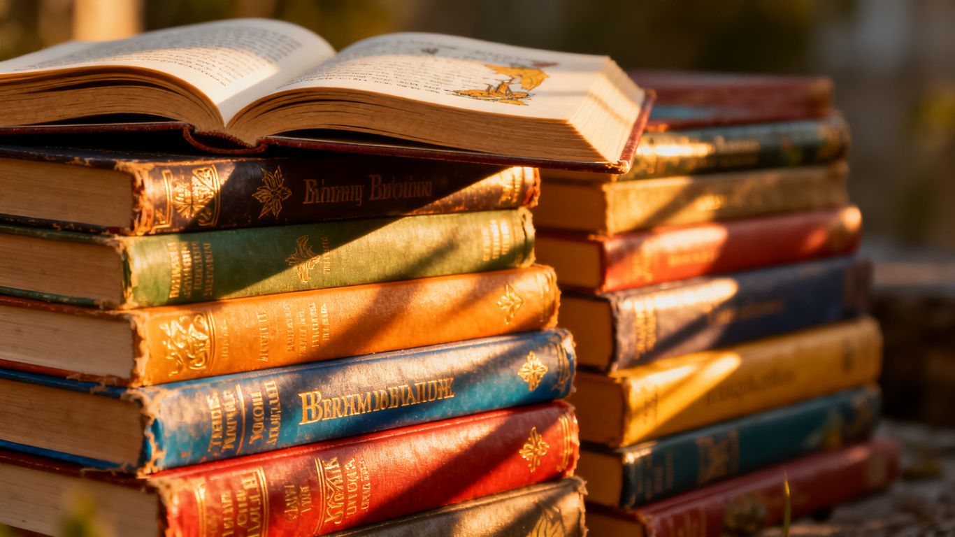 Stack of colorful books with sunlight and an open book.