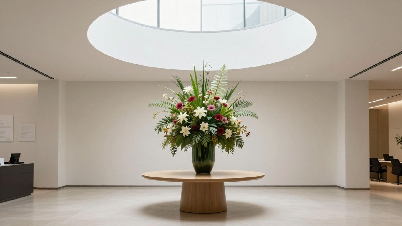 Floral arrangement in a brightly lit corporate lobby