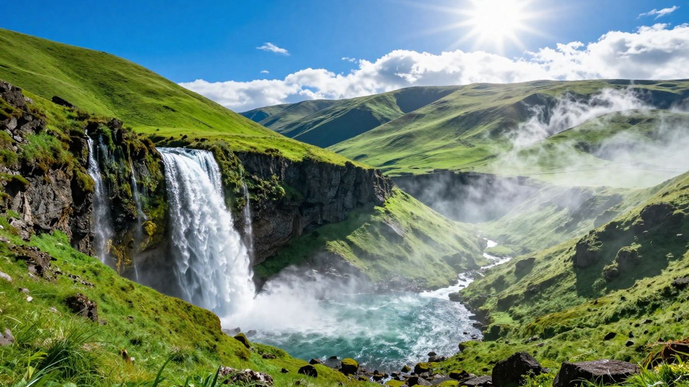 Der Wasserkreislauf in Aktion: Himmel, Berge, Wasserfall und See.