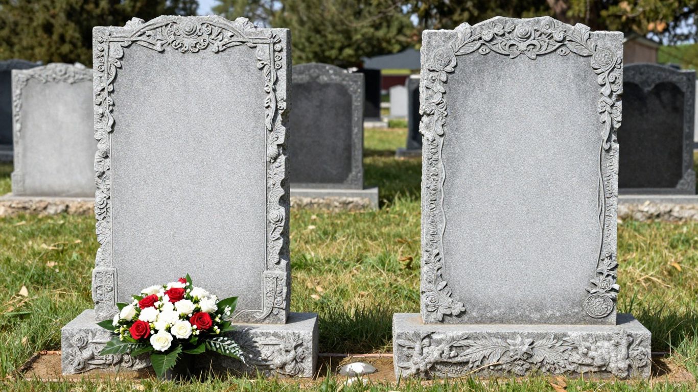 Two companion headstones in a cemetery.