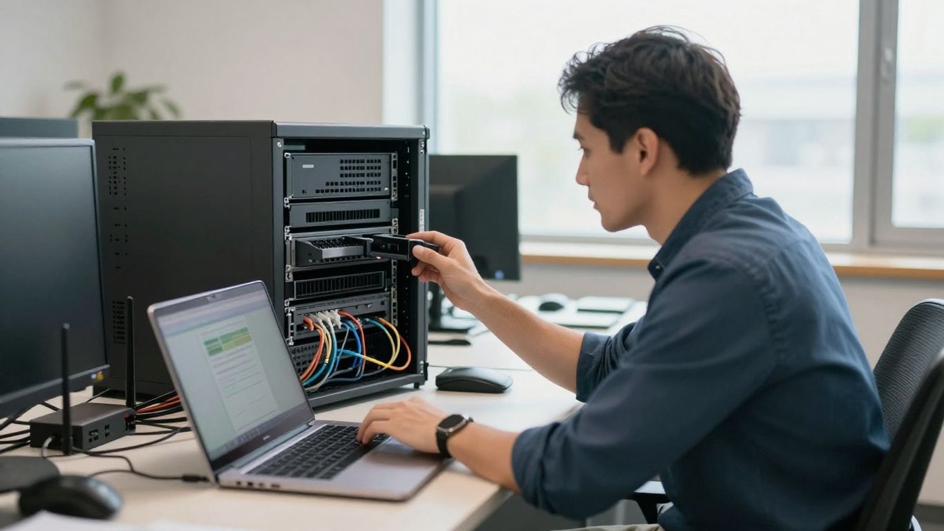 Technician reviewing a small office network
