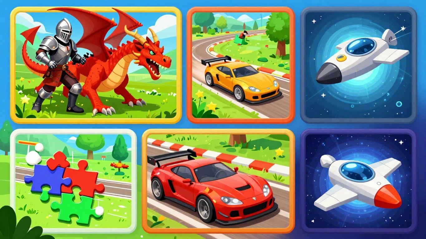 Collage of diverse game genres and elements.