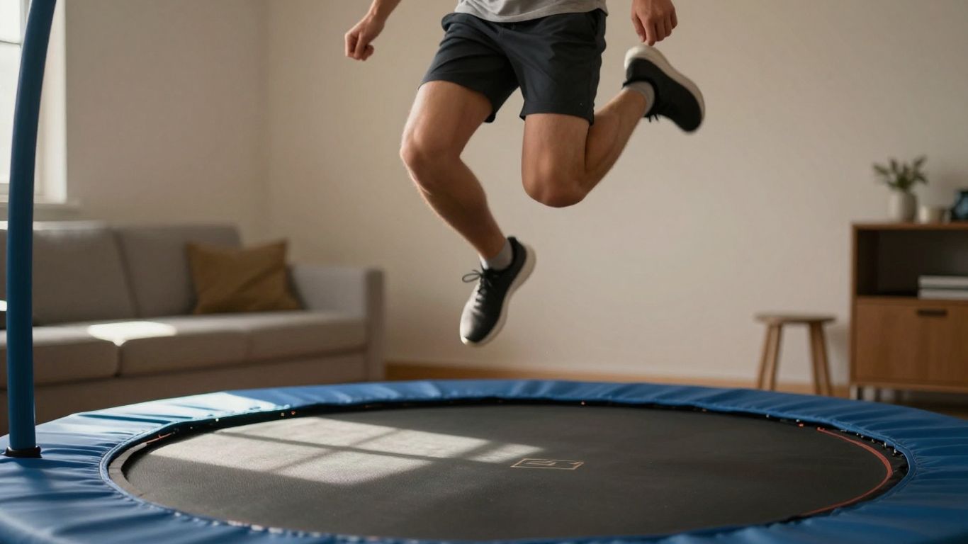 Person jumping on a mini trampoline for health benefits.