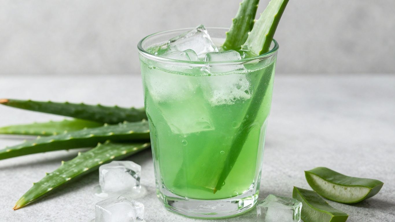 Herbalife aloe drink with fresh aloe leaves and ice.