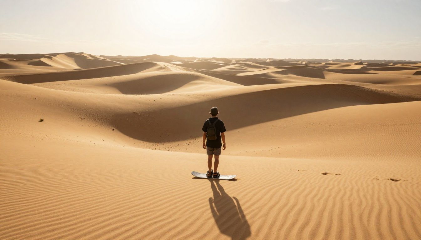 Paisagem desértica ao pôr do sol com um personagem praticando sandboard em Alto's Odyssey