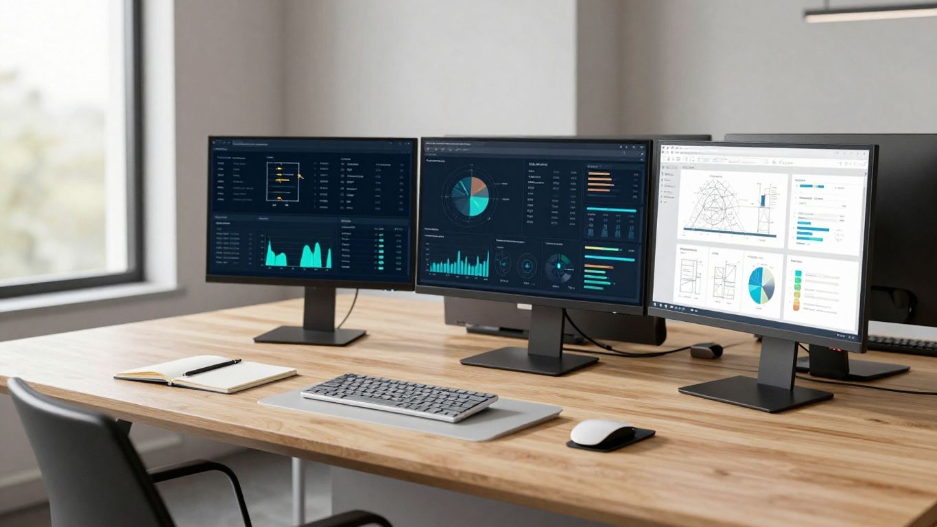 A professional creative workspace with data dashboards displayed on sleek monitors and content planners mapping out target demographics