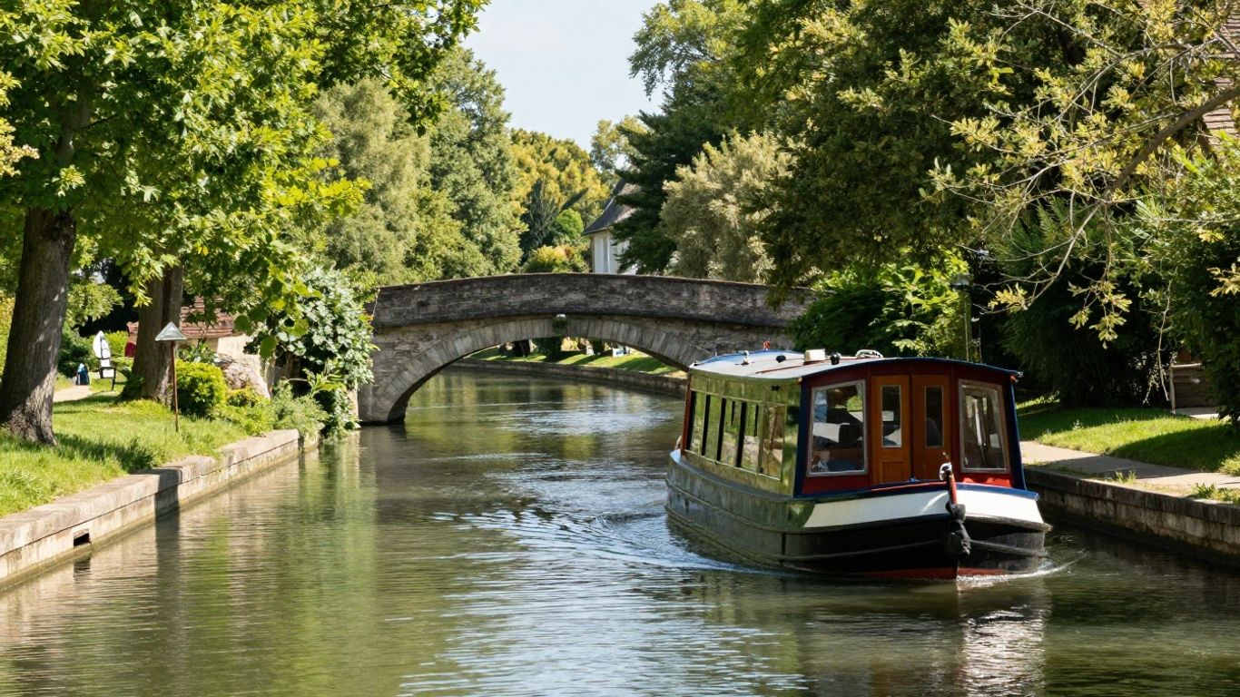 Boat on Canal du Nivernais with trees and bridge.