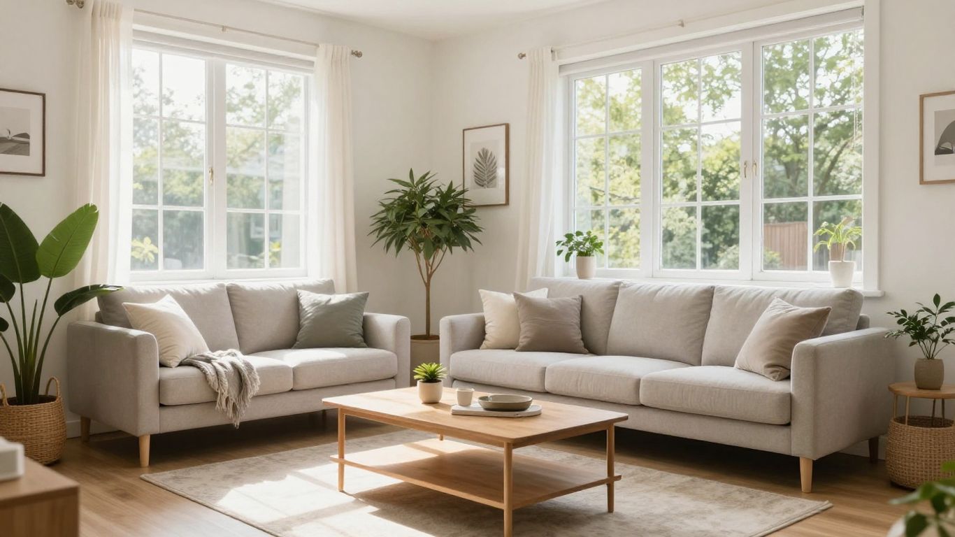Well-lit Airbnb living room with stylish furniture.