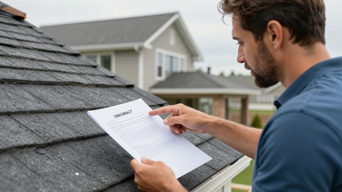 Homeowner and roofer discuss contract details for roofing project.