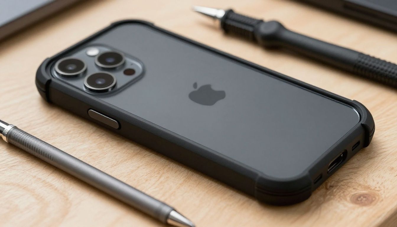 An iPhone 17 Pro in a sturdy-looking black case lying on a wooden workbench next to some tools, suggesting durability and protection.