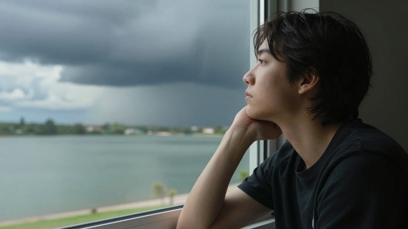 Pessoa pensativa olhando pela janela, com céu dividido.