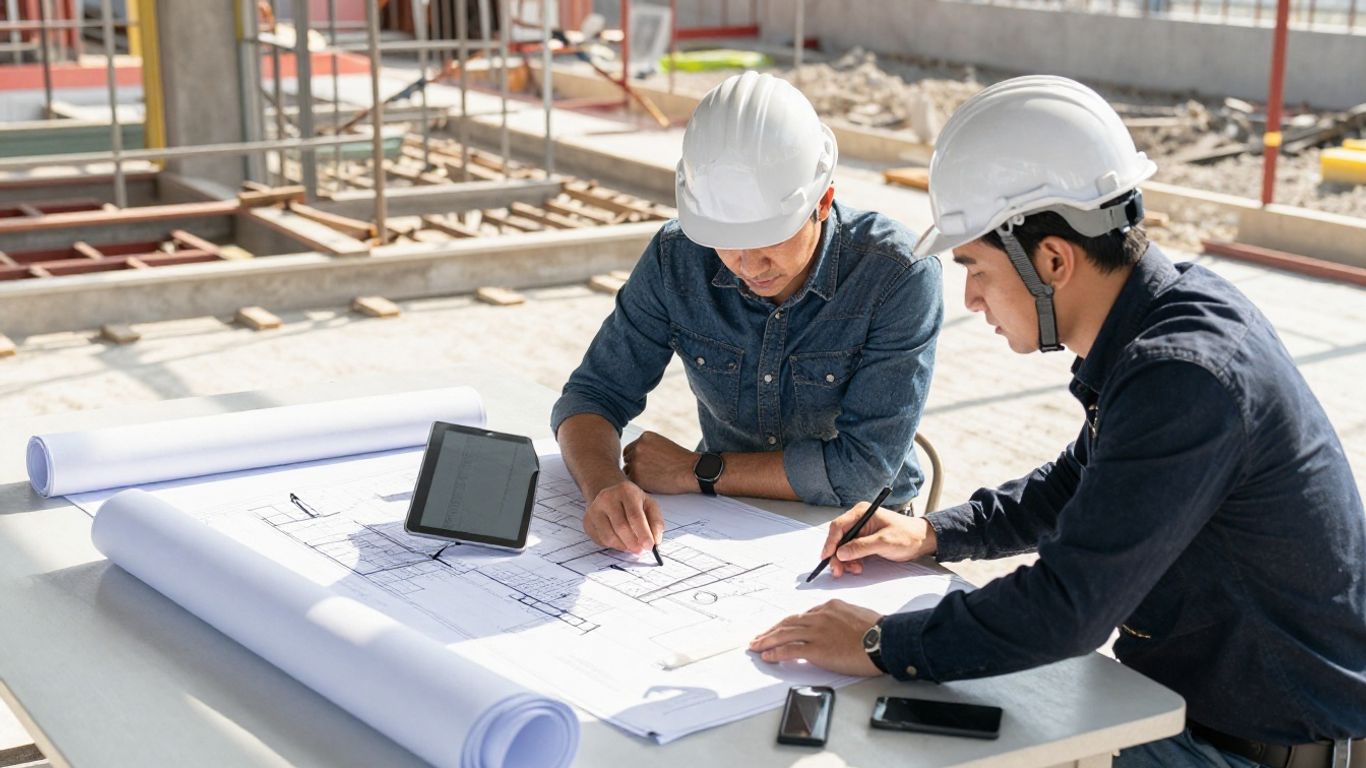 Construction project management software interface on a tablet.