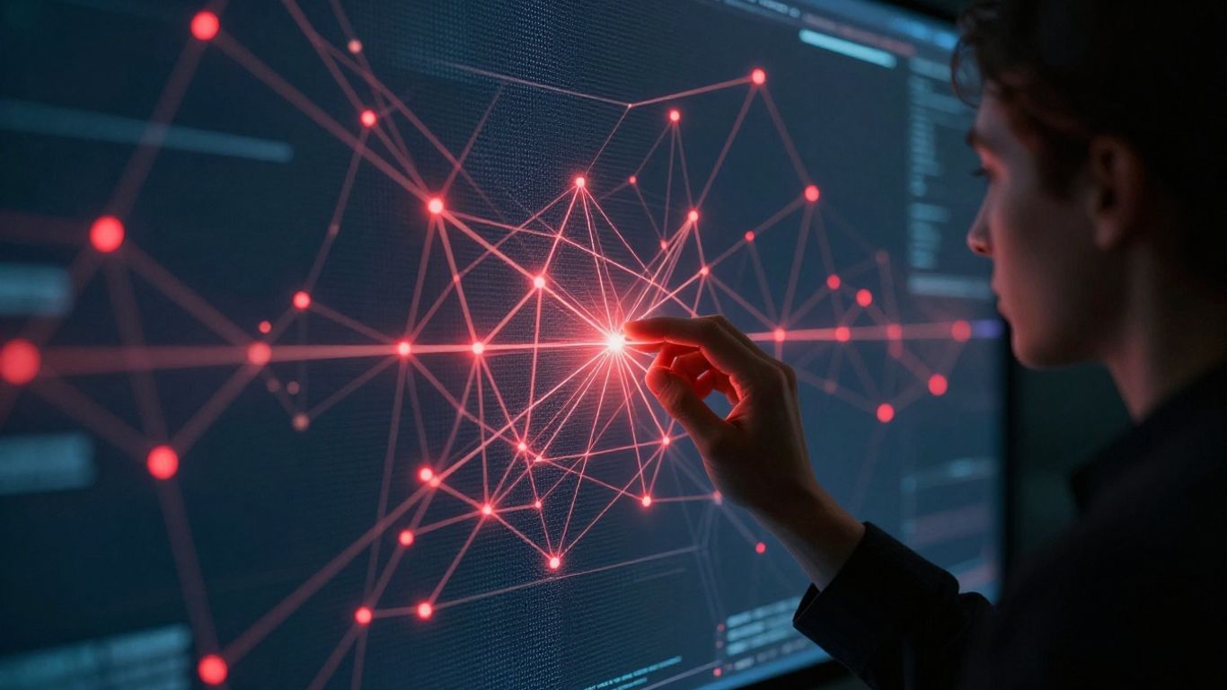 Abstract digital network with flashing red warning lights.